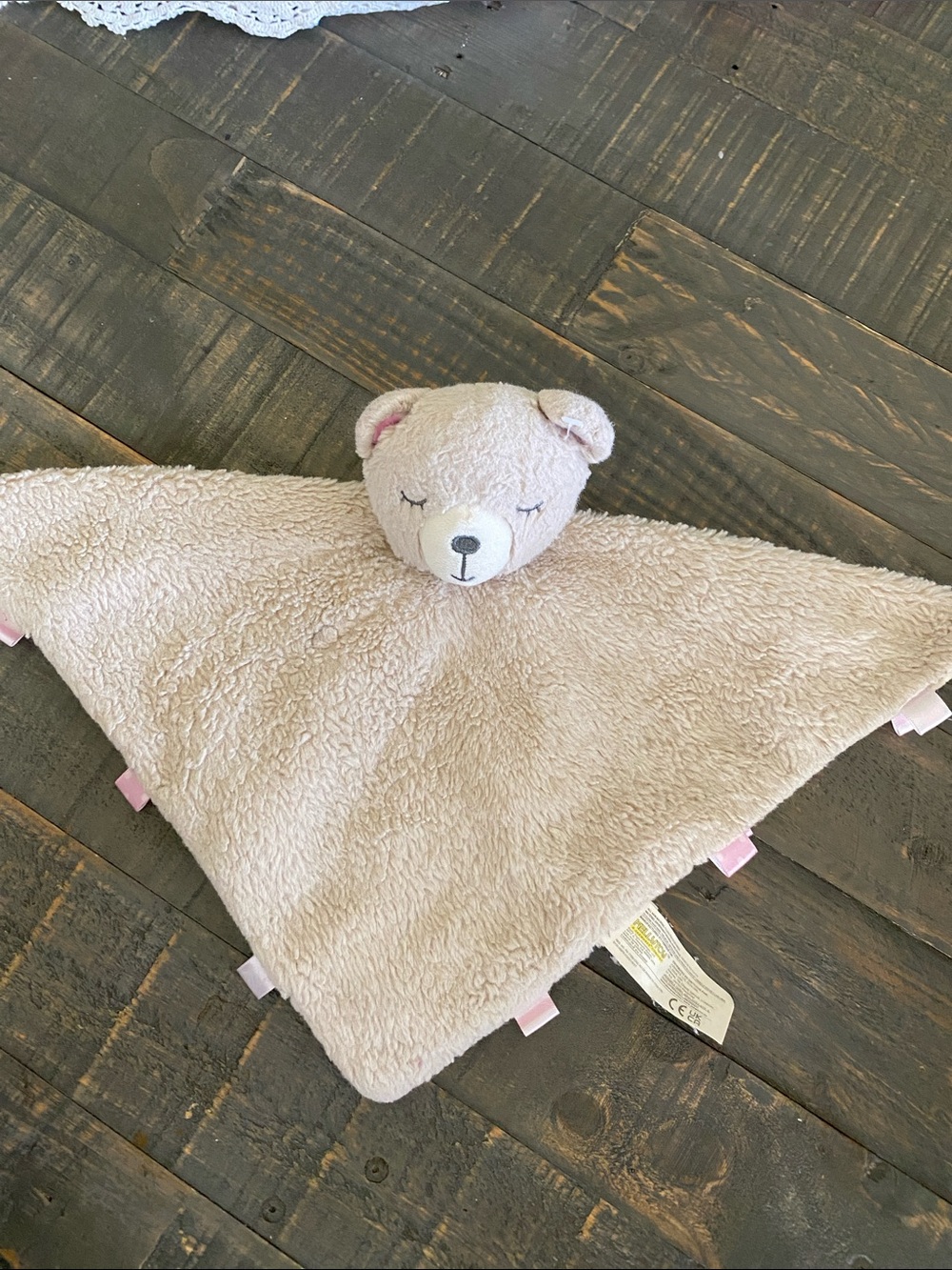 Kellytoy Tan Pink Bear Lovey with Pink Ribbon Tabs Rattle
